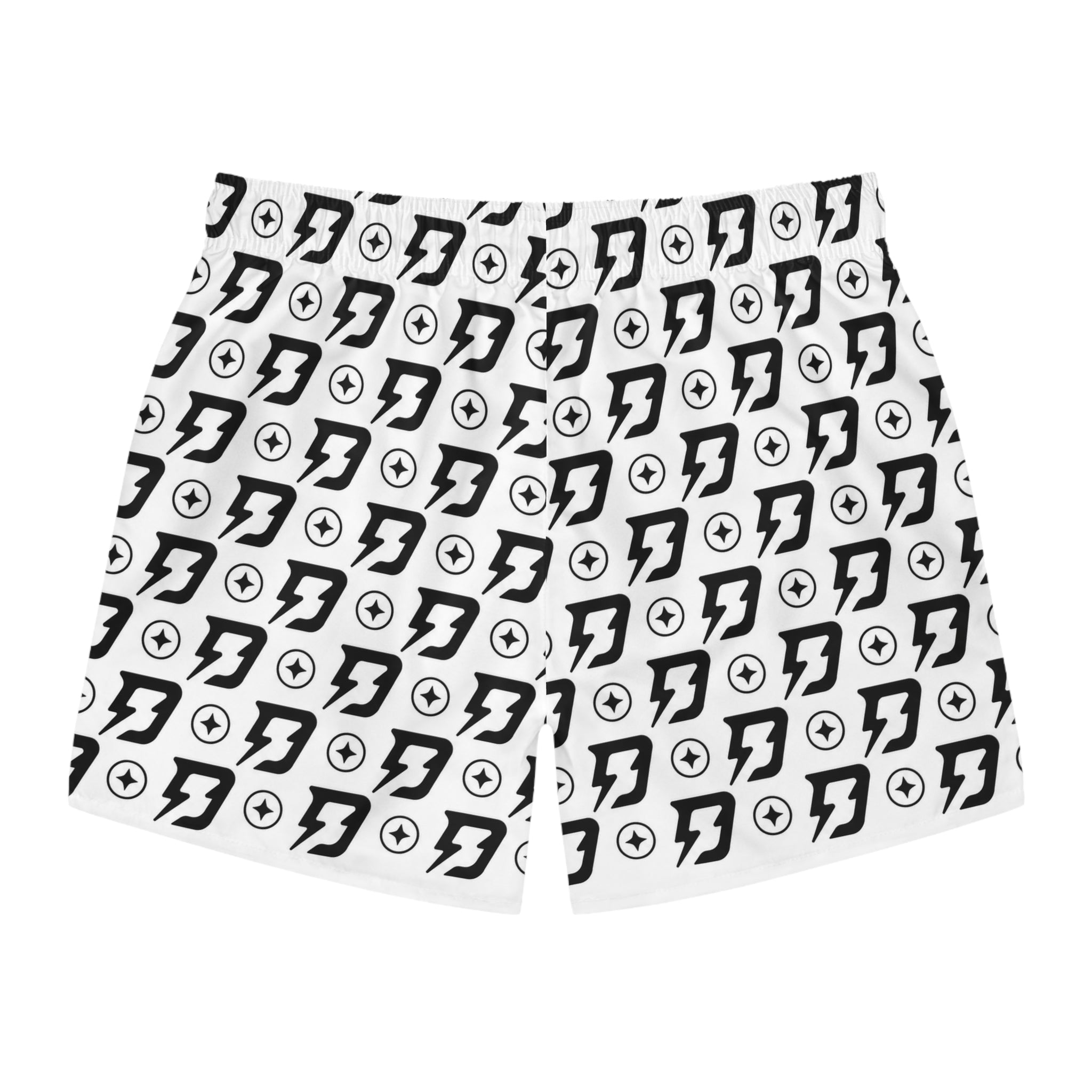 Lightning Bolt Pattern Swim Trunks — Black & White All-Over Print