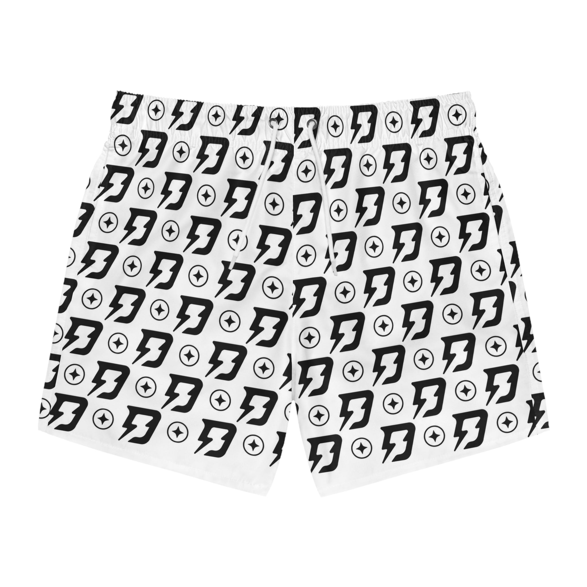 Lightning Bolt Pattern Swim Trunks — Black & White All-Over Print